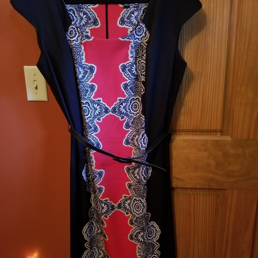 Ronni Nicole Belted Bodycon Sheath Dress size 16 Black/Red Back Zip Cap Sleeve